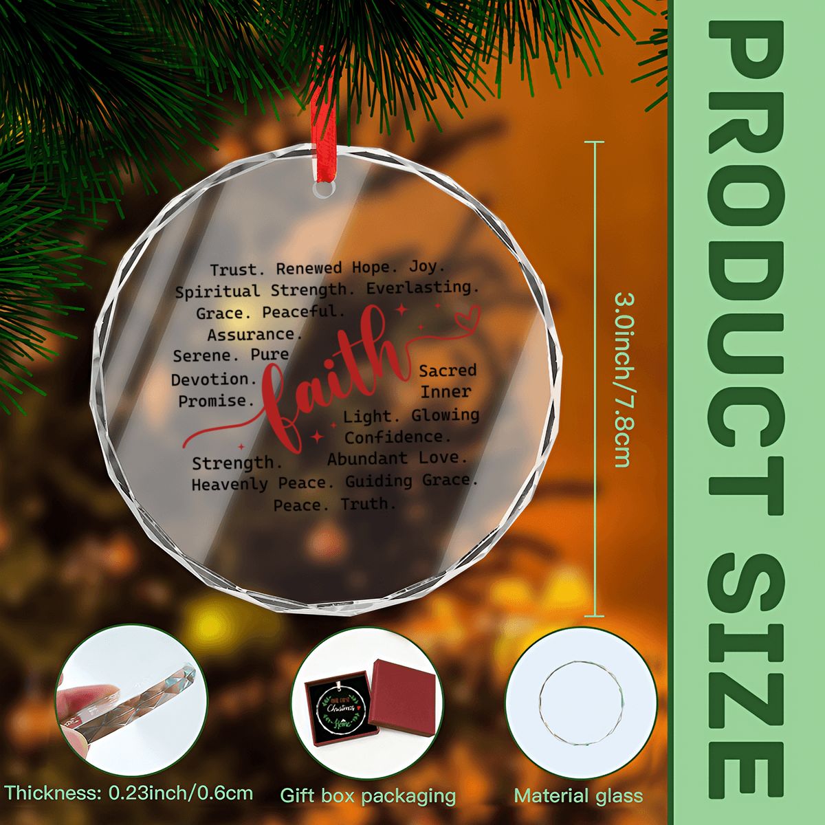 Faith Typography Round Glass Christmas Ornament