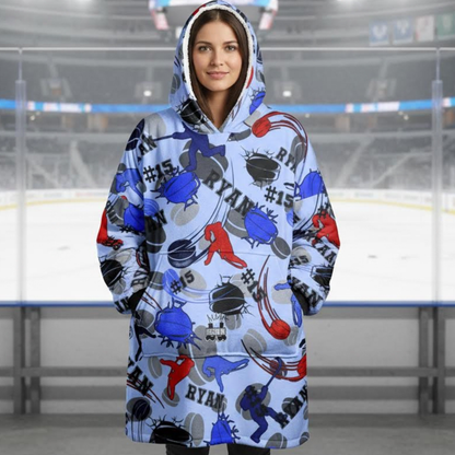 Hockey Pattern Hooded Blanket, Personalized Hoodie For Game Day
