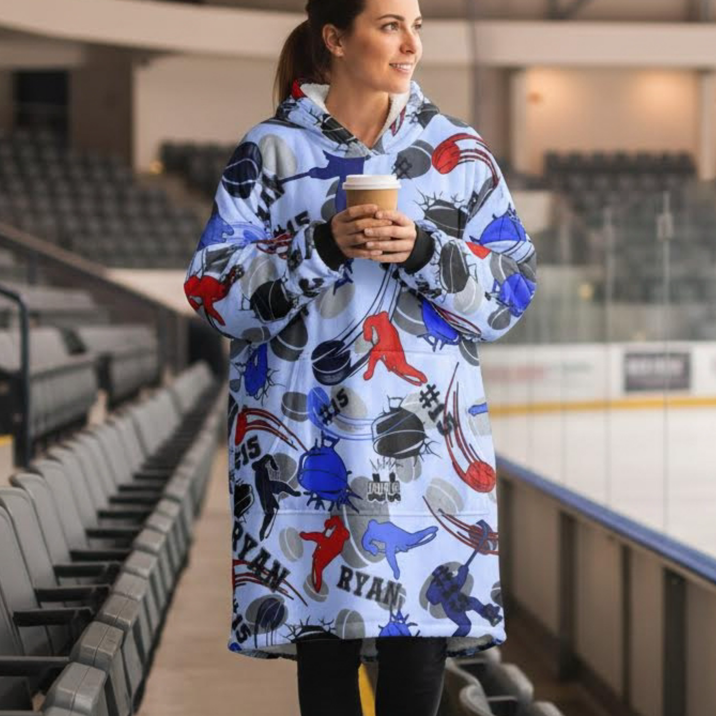 Hockey Pattern Hooded Blanket, Personalized Hoodie For Game Day
