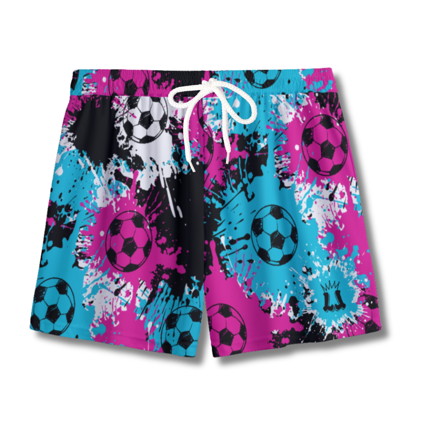 Youth Soccer Shorts Paint Splatter Aqua Pink Edition