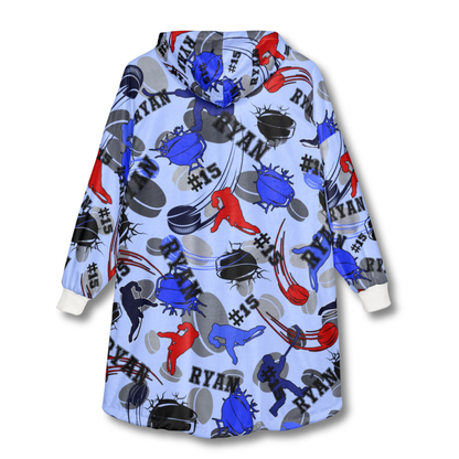 Hockey Pattern Hooded Blanket, Personalized Hoodie For Game Day