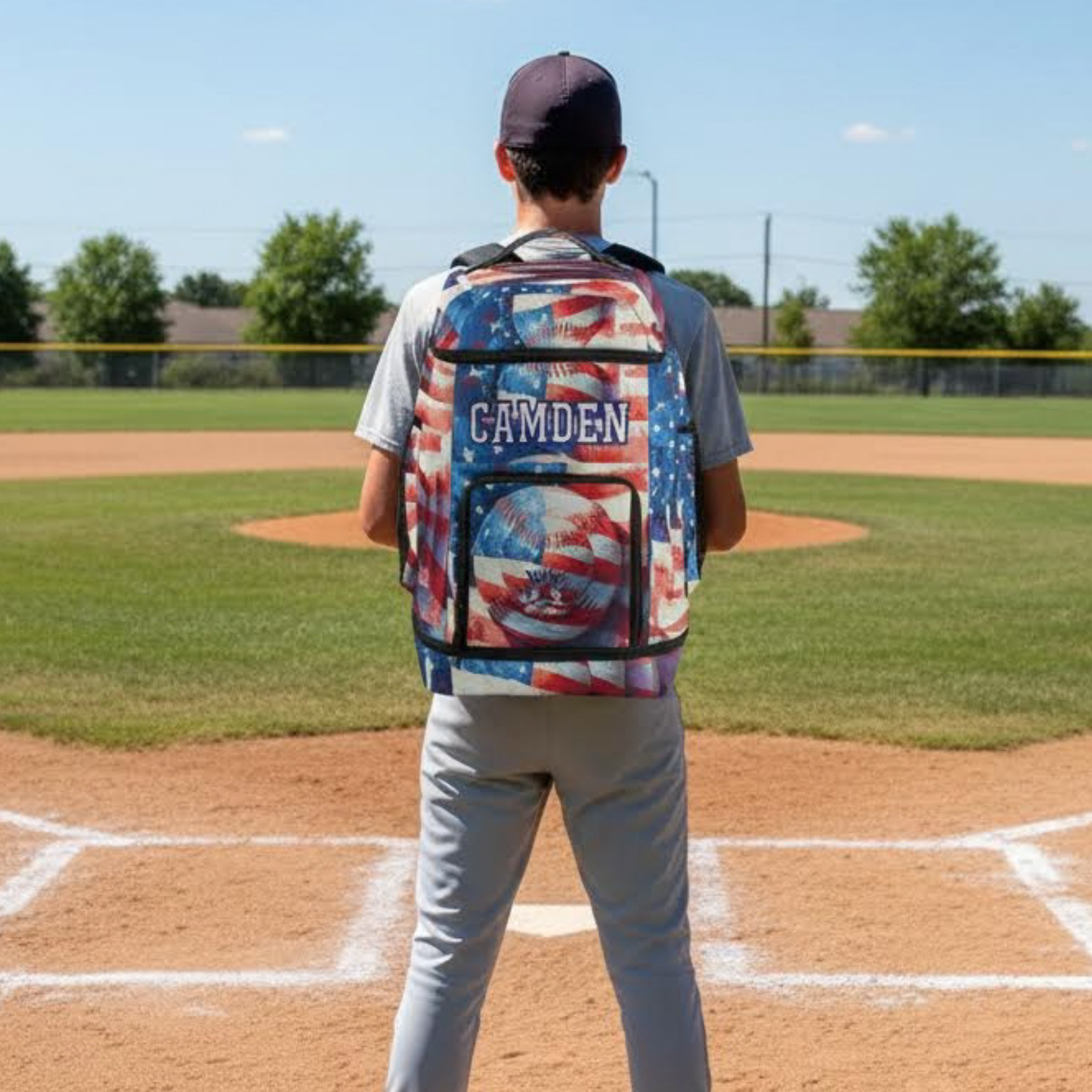 Large Personalized American Flag Baseball Backpack