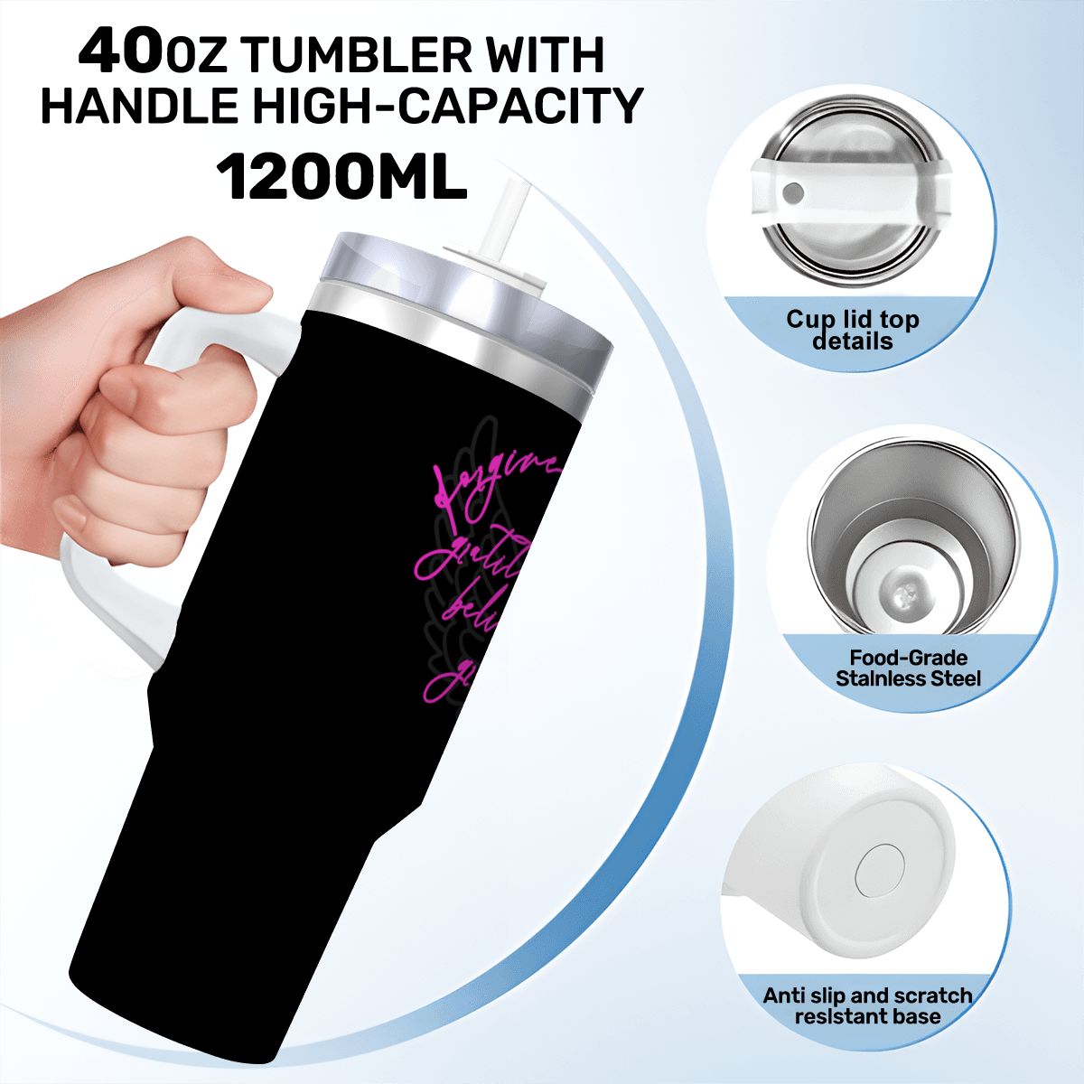 'Wings of Faith' Travel Coffee Mug with Handle and Straw (40oz)