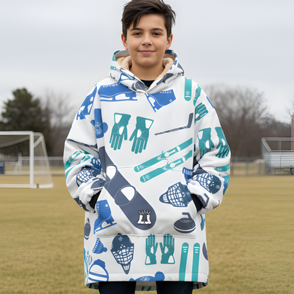 Kids Unisex Sherpa Fleece Blanket Hoodie, Winter Sports Design