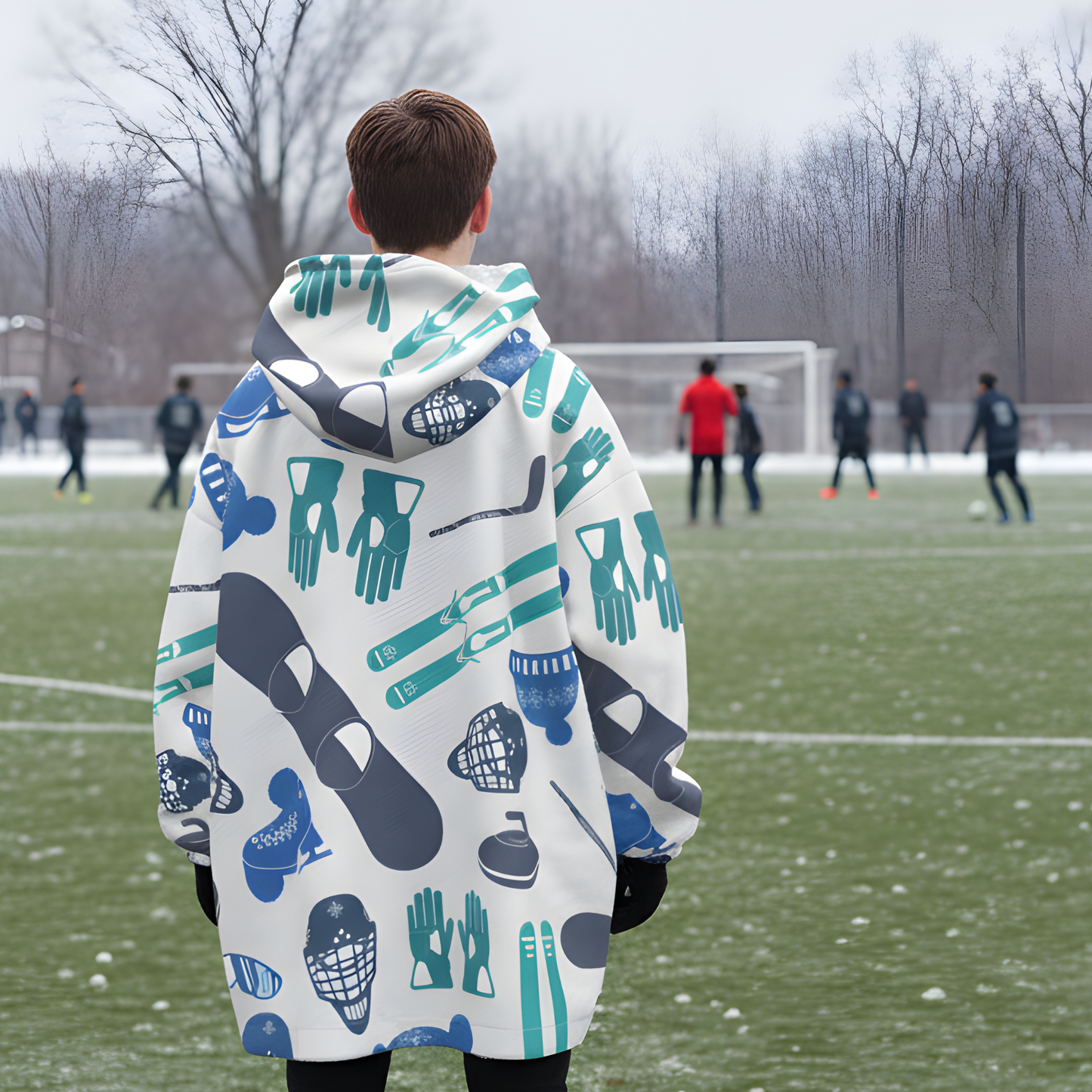 Kids Unisex Sherpa Fleece Blanket Hoodie, Winter Sports Design