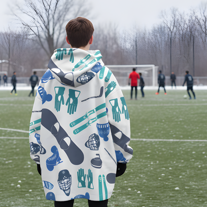 Kids Unisex Sherpa Fleece Blanket Hoodie, Winter Sports Design