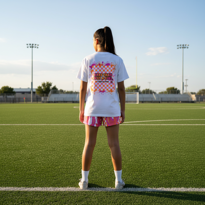 All-Over Print Adult Soccer Shorts: Pink and Orange Checkered Fire Design