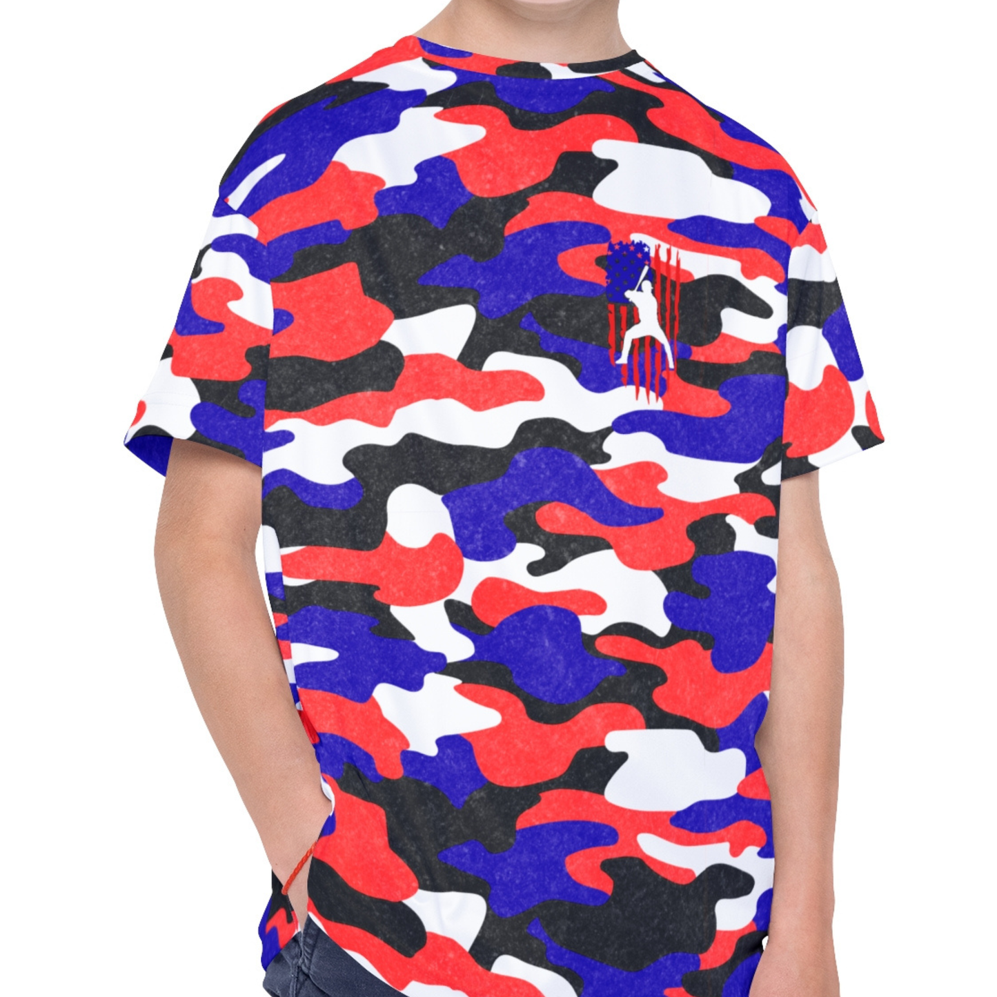 Kids Baseball American Flag Distressed Camo Sport Jersey T-Shirt