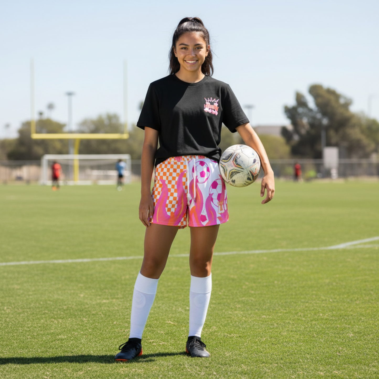 All-Over Print Adult Soccer Shorts: Pink and Orange Checkered Fire Design
