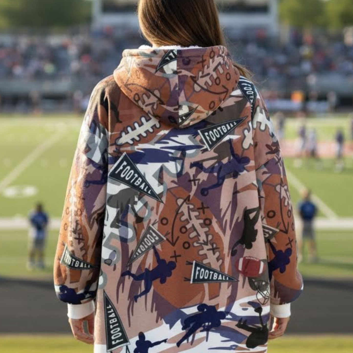 Adult Football Pattern Hooded Blanket, Cozy Hoodie For Game Day