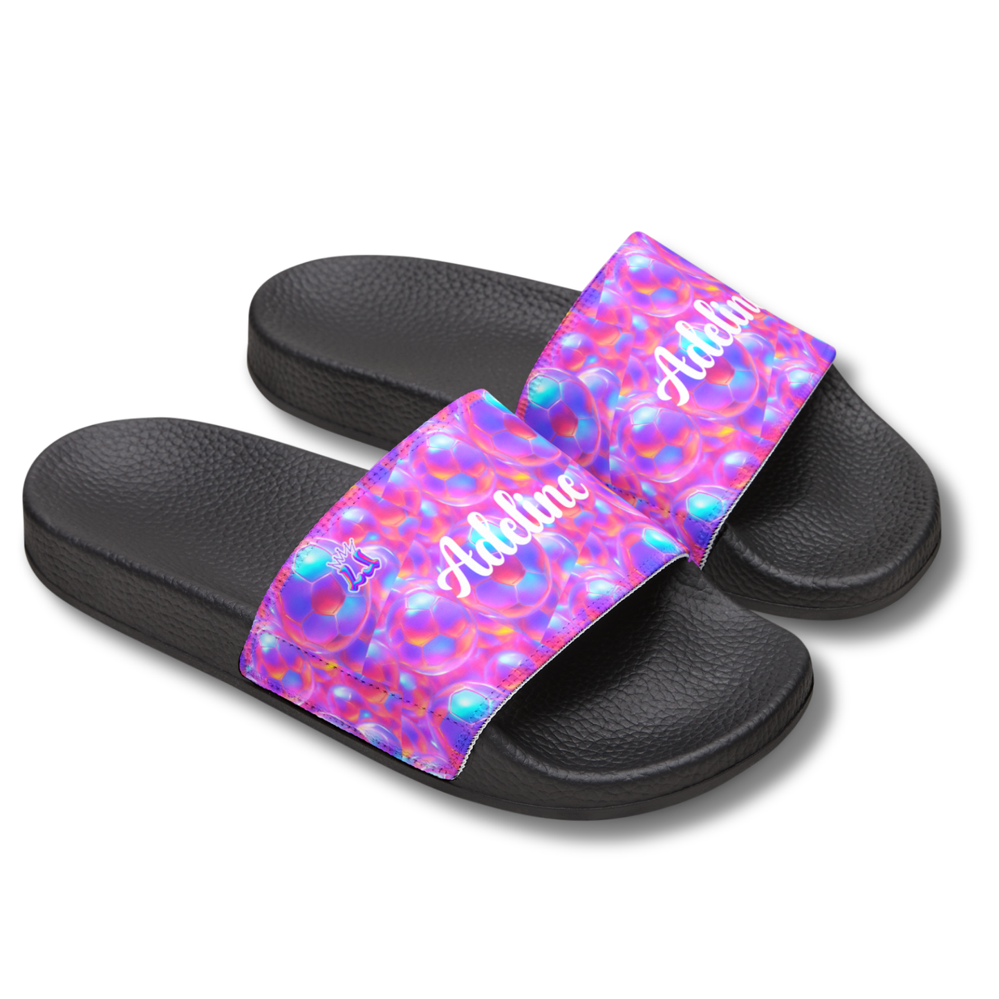 Personalized Youth Soccer Sandals, Kids Iridescent Custom Name Sports Slides