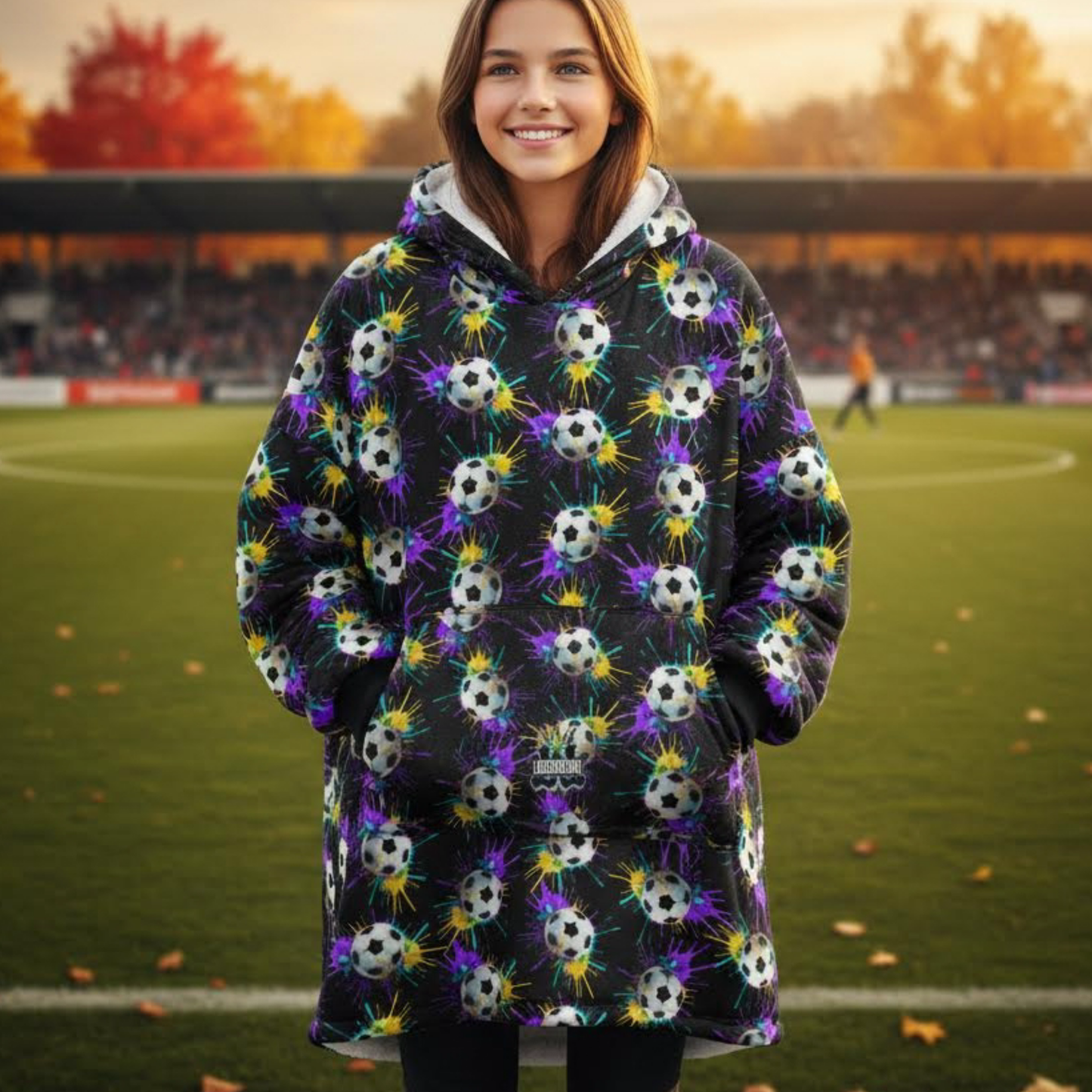 Adult Paint Drip Soccer Pattern Hooded Blanket, Cozy Wearable Throw