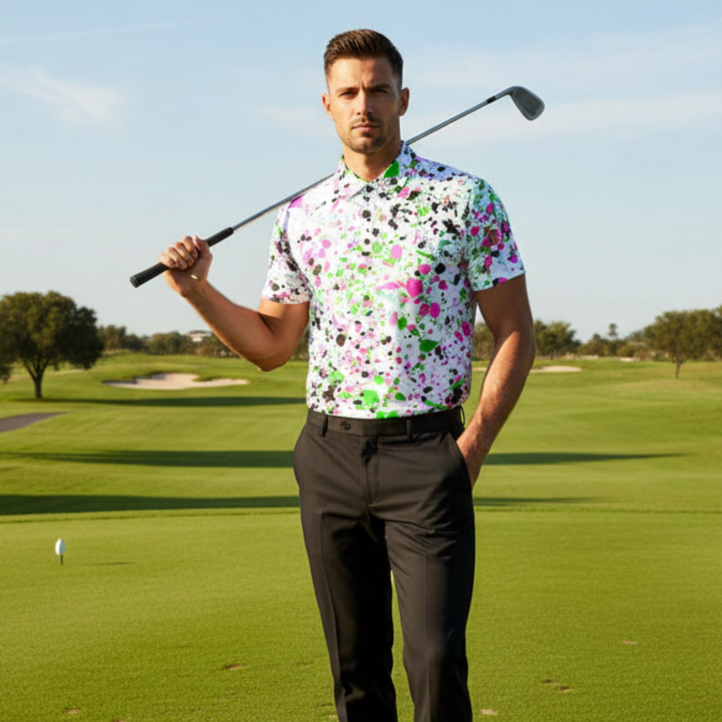 All-Over Print Men's Polo Collar Jersey, White Paint Splatter Design