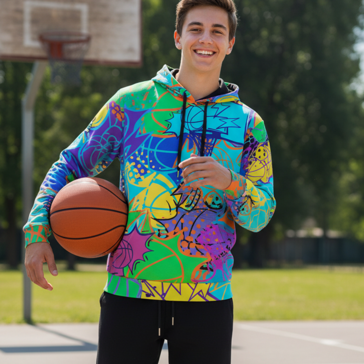 Adult Fleece Lined Hoodie, All Over Print Colorful Basketball Design