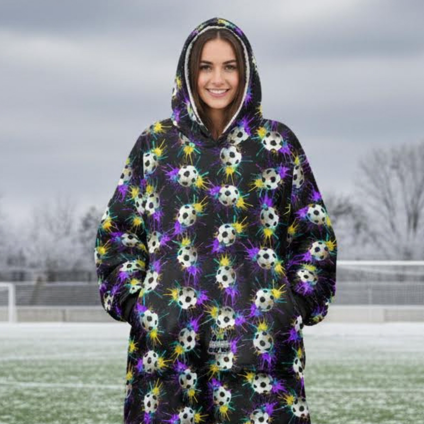 Adult Paint Drip Soccer Pattern Hooded Blanket, Cozy Wearable Throw