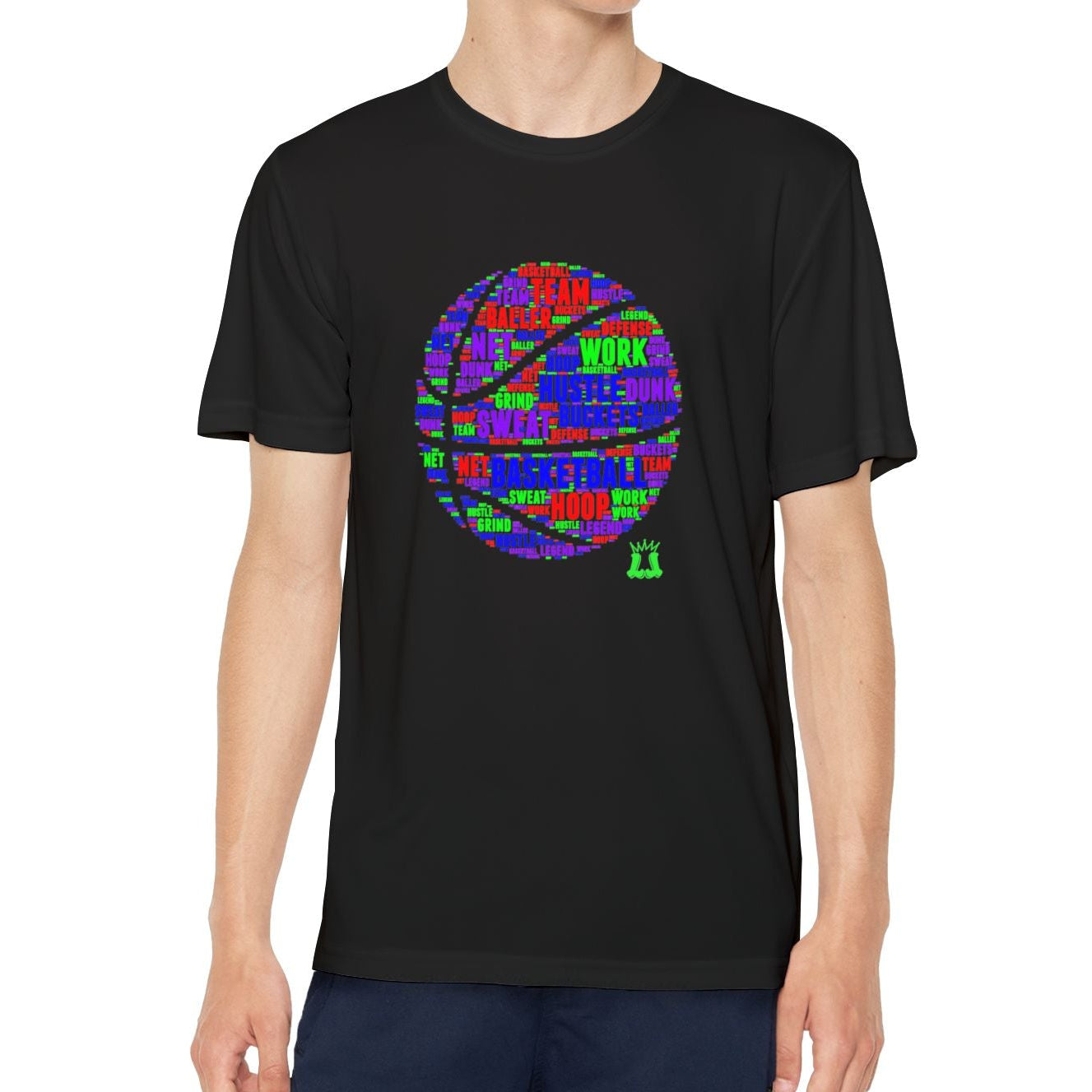 Person wearing a black t-shirt with a colorful graphic design on a white background