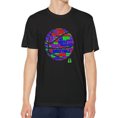 Person wearing a black t-shirt with a colorful graphic design on a white background