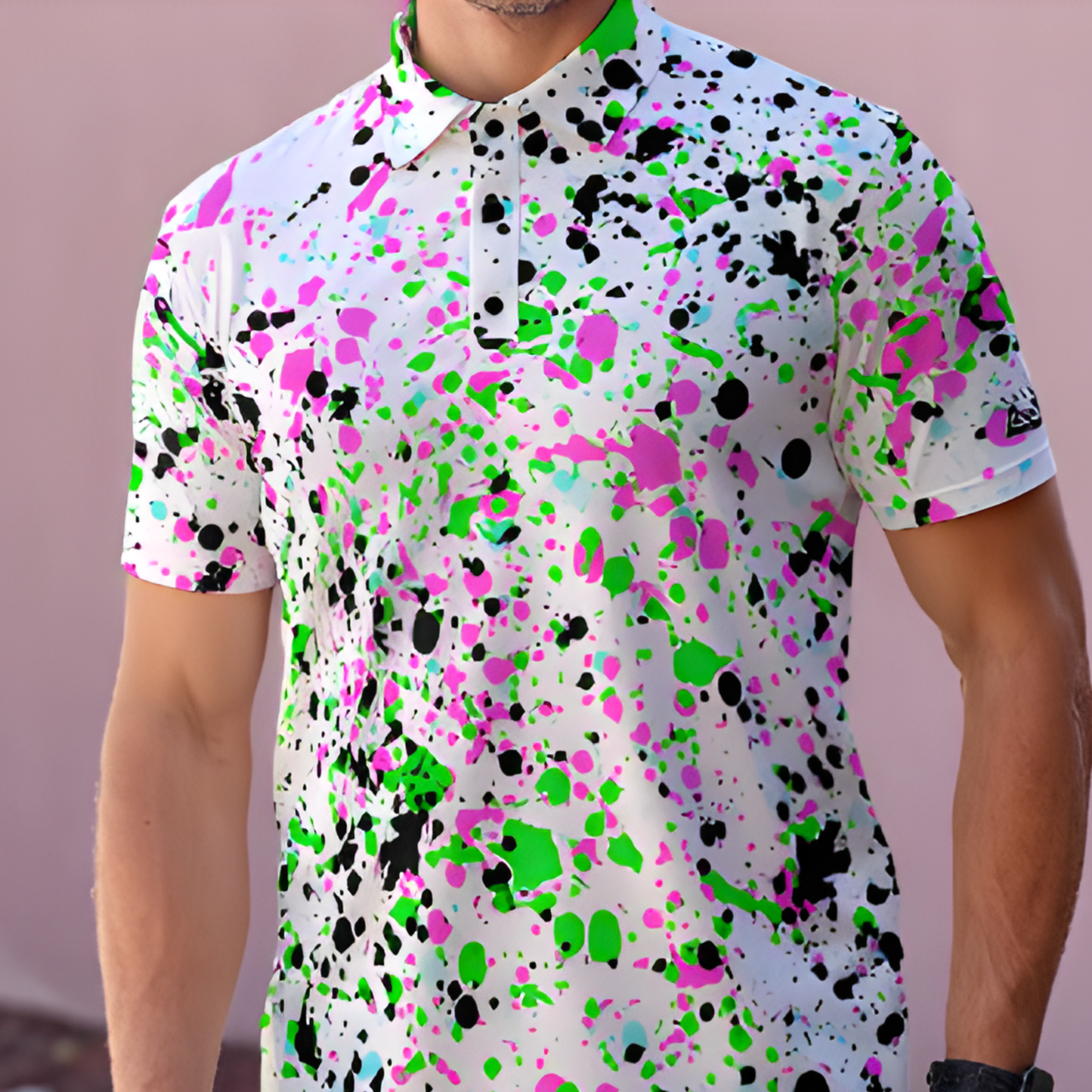 All-Over Print Men's Polo Collar Jersey, White Paint Splatter Design