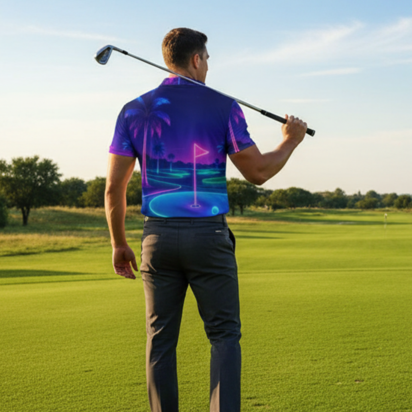 All-Over Print Men's Polo Collar Jersey: Neon Golf Course Design