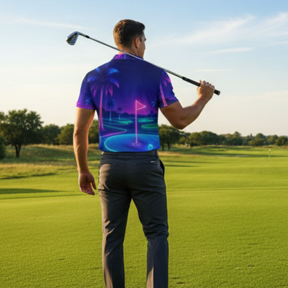 All-Over Print Men's Polo Collar Jersey: Neon Golf Course Design
