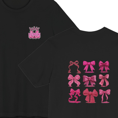 Adult Pink Glitter Bows Cheer Tee, Graphic Coquette Pattern T-Shirt