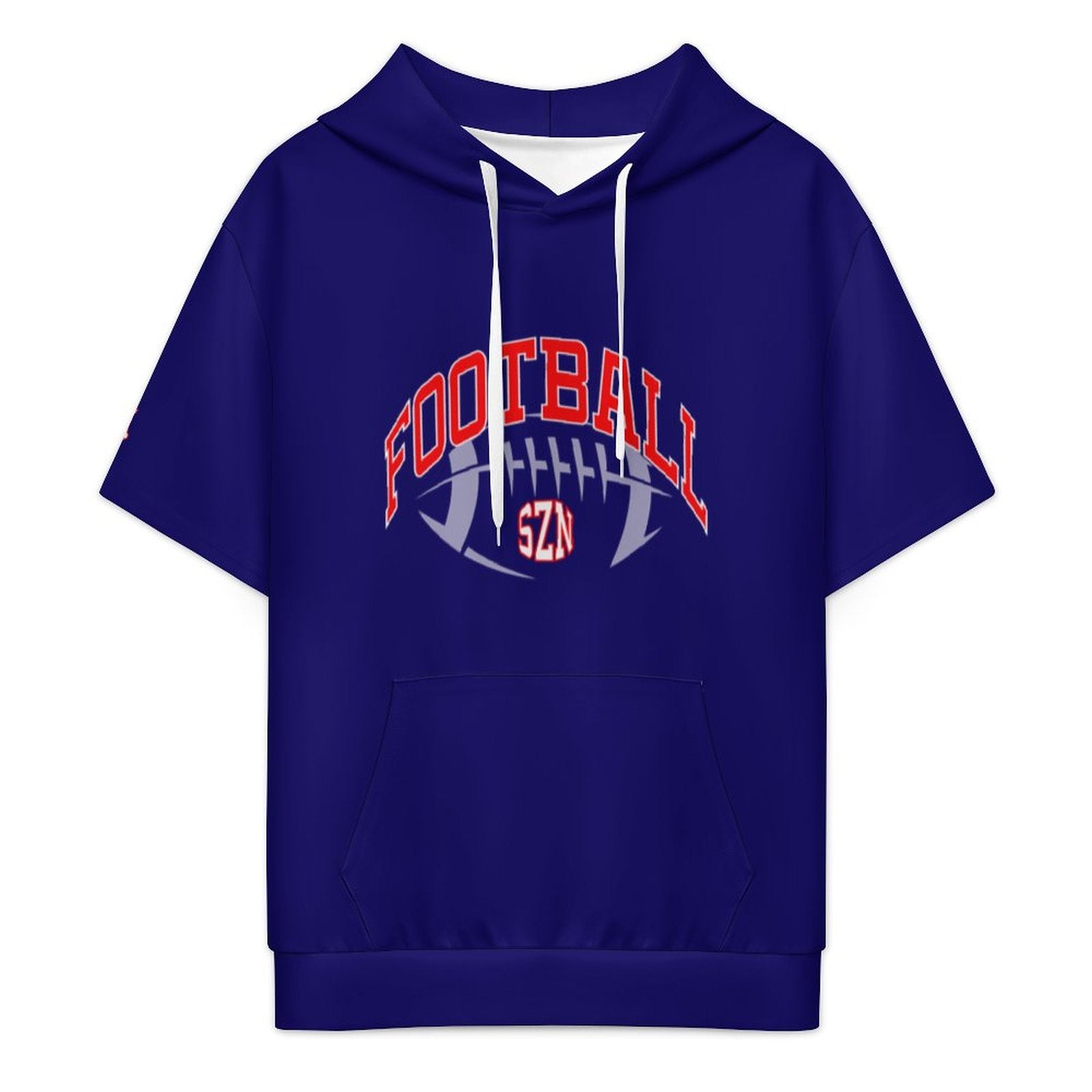 A royal blue short-sleeve hoodie with a front graphic that reads 'FOOTBALL' in red arched letters over a white football design with 'SZN' in red. The hoodie has white drawstrings and a front kangaroo pocket, shown on a plain white background.