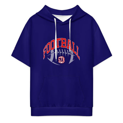 A royal blue short-sleeve hoodie with a front graphic that reads 'FOOTBALL' in red arched letters over a white football design with 'SZN' in red. The hoodie has white drawstrings and a front kangaroo pocket, shown on a plain white background.