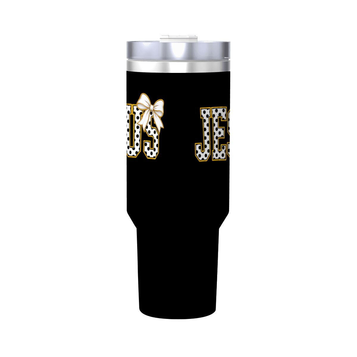Coquette Polka Dot 'Jesus' Travel Coffee Mug with Handle and Straw (40oz)