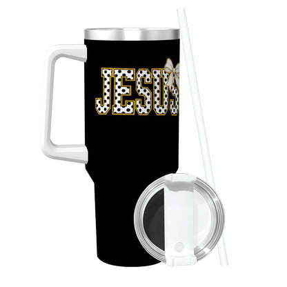 Coquette Polka Dot 'Jesus' Travel Coffee Mug with Handle and Straw (40oz)