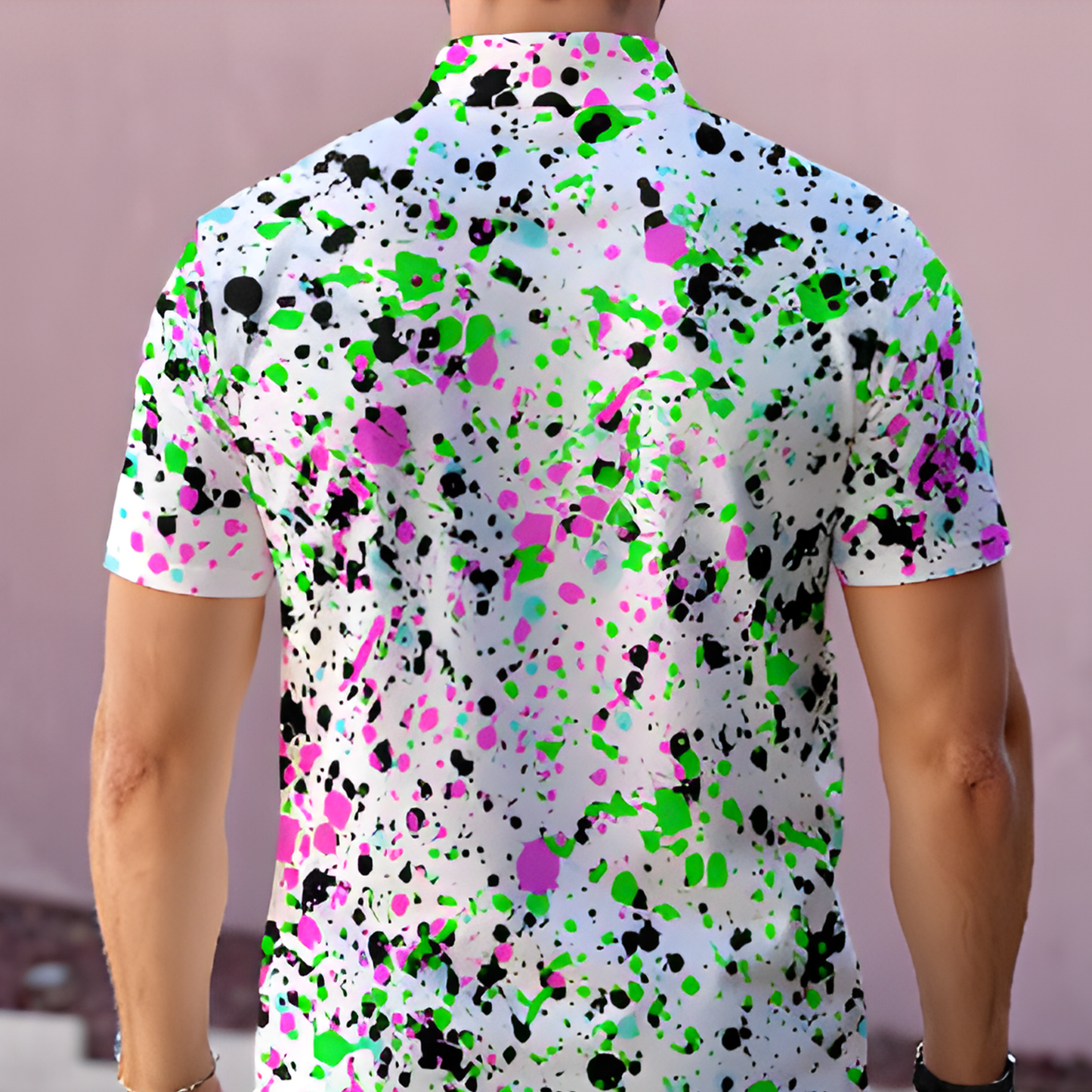 All-Over Print Men's Polo Collar Jersey, White Paint Splatter Design