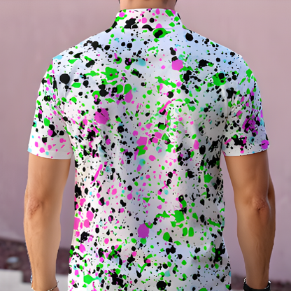 All-Over Print Men's Polo Collar Jersey, White Paint Splatter Design