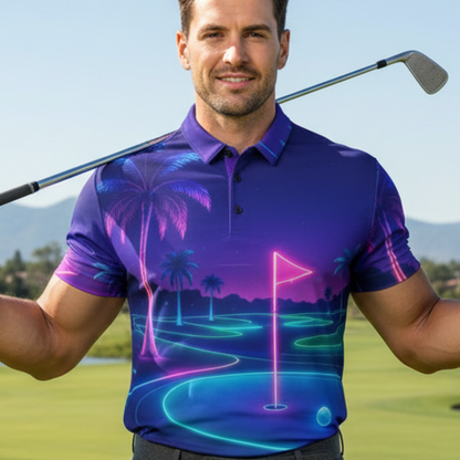 All-Over Print Men's Polo Collar Jersey: Neon Golf Course Design