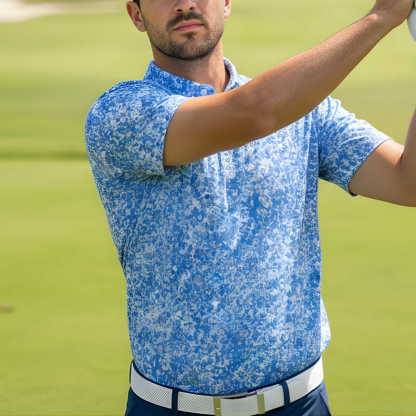 Men's Blue and White All Over Print UV Protection Polo Shirt