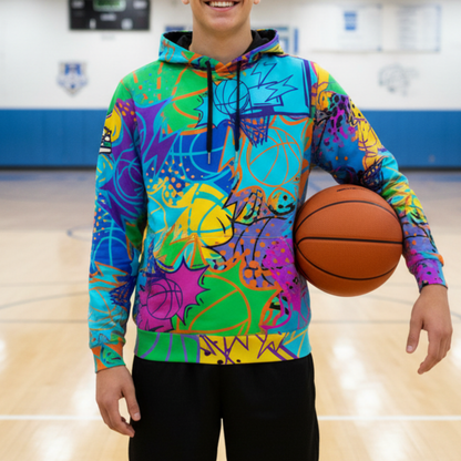 Adult Fleece Lined Hoodie, All Over Print Colorful Basketball Design
