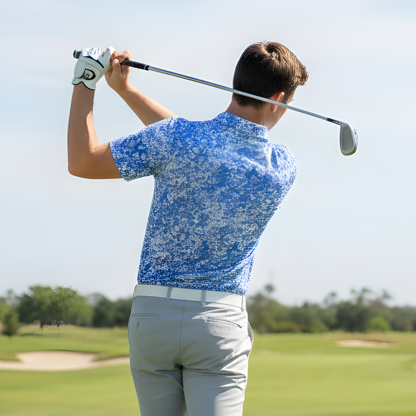 Men's Blue and White All Over Print UV Protection Polo Shirt