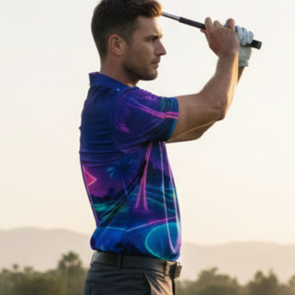 All-Over Print Men's Polo Collar Jersey: Neon Golf Course Design