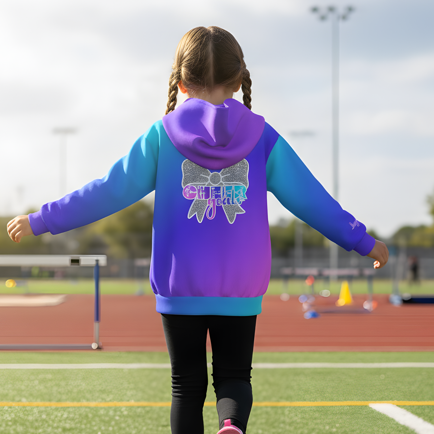 Girl's Cheer Hoodie, Gradient Blue Cheerleader Sweatshirt