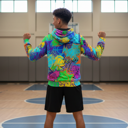 Adult Fleece Lined Hoodie, All Over Print Colorful Basketball Design