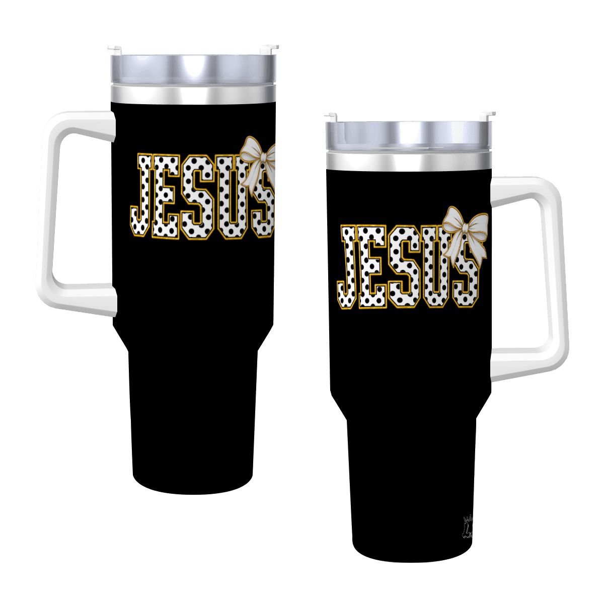 Coquette Polka Dot 'Jesus' Travel Coffee Mug with Handle and Straw (40oz)