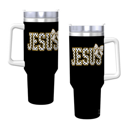 Coquette Polka Dot 'Jesus' Travel Coffee Mug with Handle and Straw (40oz)