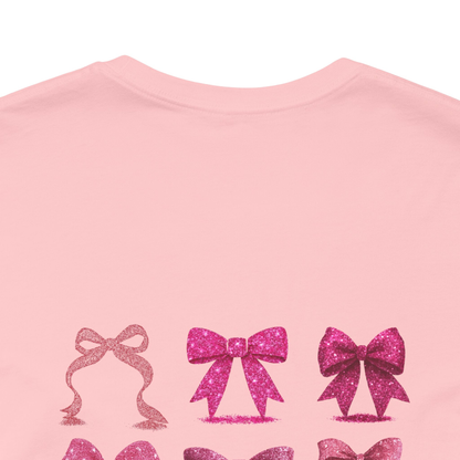 Adult Pink Glitter Bows Cheer Tee, Graphic Coquette Pattern T-Shirt