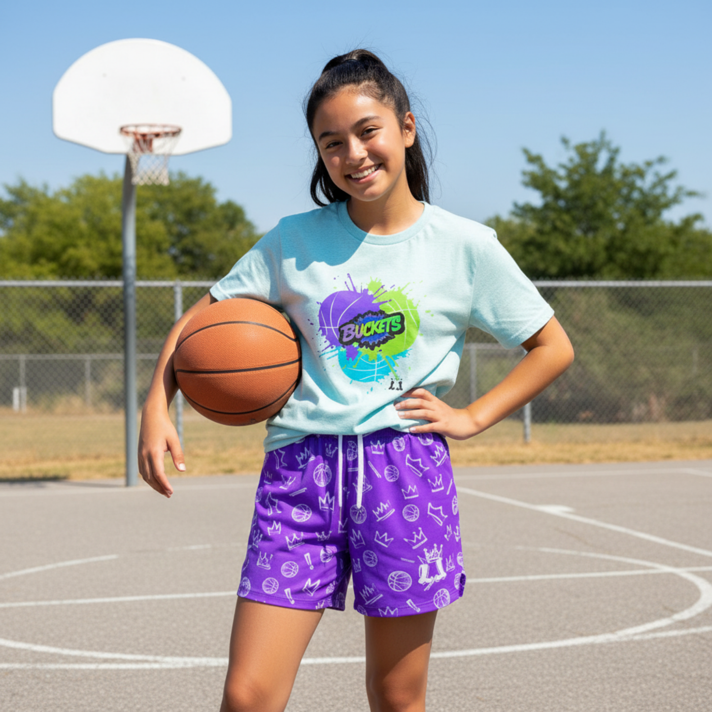All-Over Print Purple Basketball Graffiti Mesh Shorts