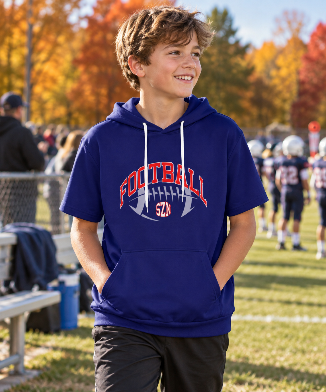 Football Season Short Sleeve Blue Hoodie