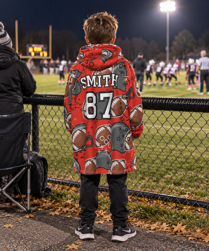 Kids Personalized Football Blanket Hoodie- Red/Orange
