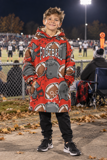 Kids Personalized Football Blanket Hoodie- Red/Orange