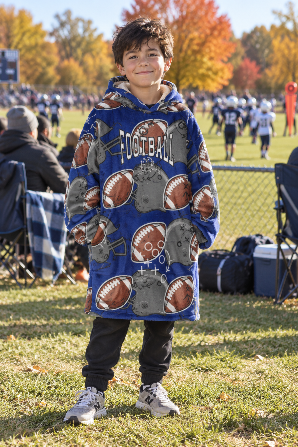 Youth Personalized Football Blanket Hoodie - Dark Blue