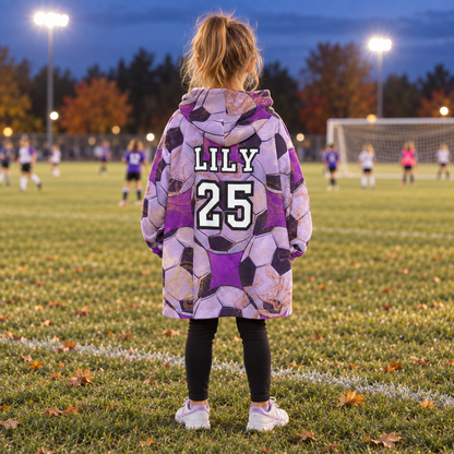 Personalized Girls Purple Soccer Blanket Hoodie