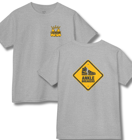 Gray t-shirt with yellow and black graphic design on a white background