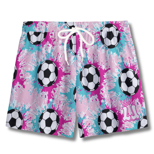 Youth Soccer Shorts Paint Splatter Pink and Aqua Edition