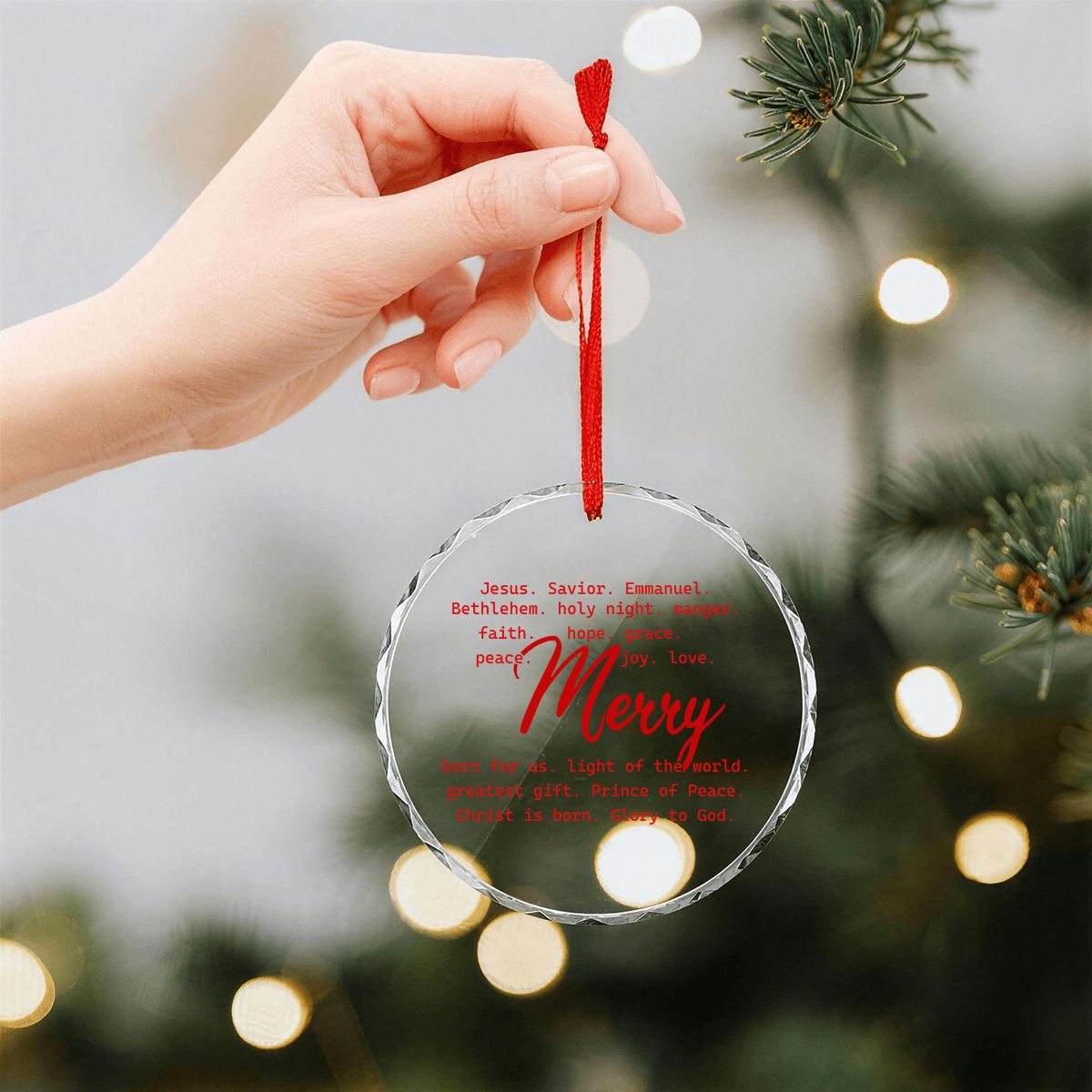 Merry Typography Round Glass Christmas Ornament